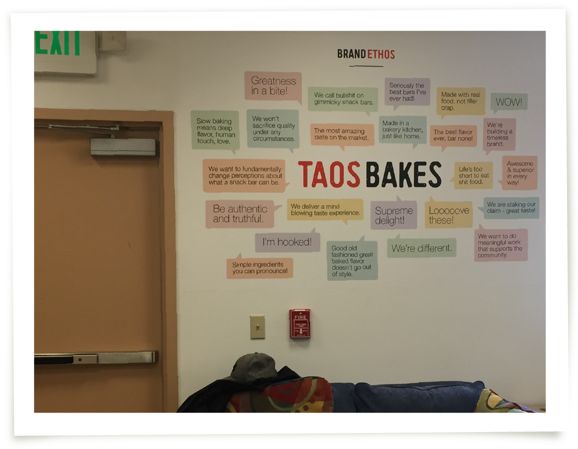 Taos Bakes breakroom with quotes from the brand workshop on display