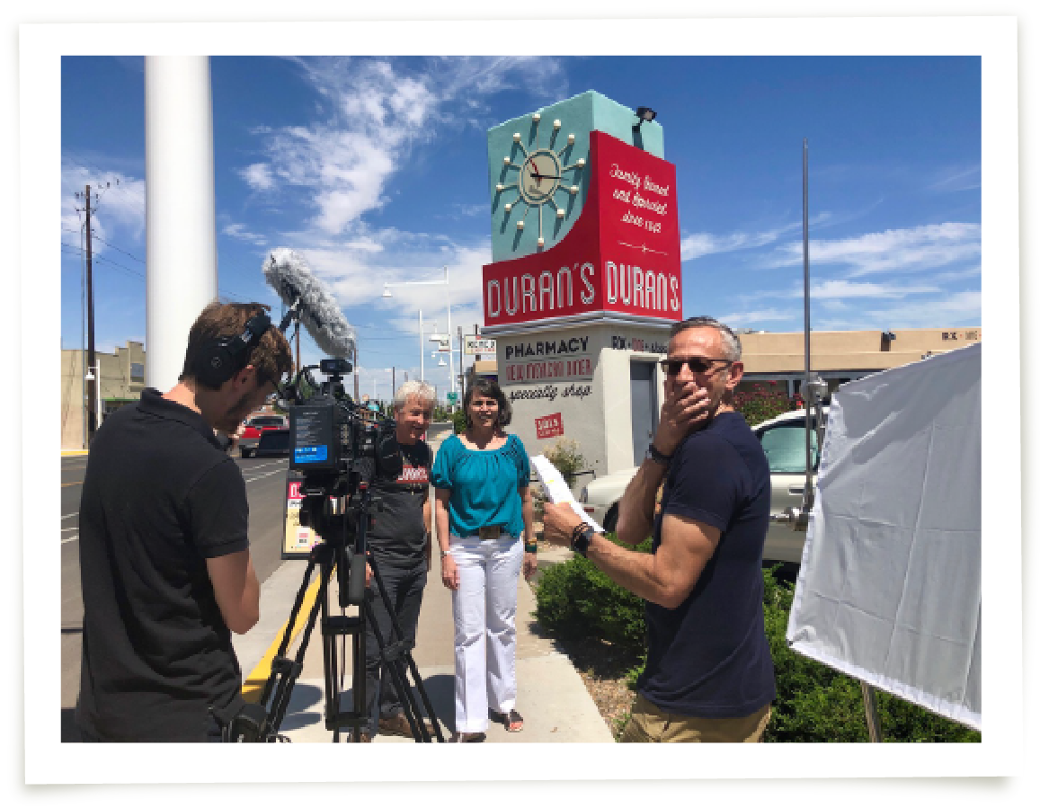 Len Romano and Austin with Mood shooting a fun video at Duran Central Pharmacy, West Downtown